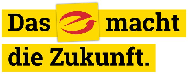 Schriftzug "Das e macht die Zukunft." mit einem stilisierten roten "e" auf gelbem Hintergrund
