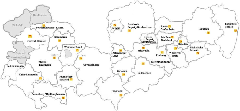 Karte: Mitgliedsinnungen im Verbandgebiet des Fachverbandes Elektro- und Informationstechnik Sachsen/Thüringen