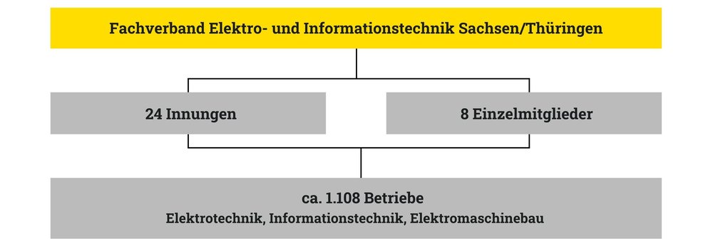 Strukturübersicht "Fachverband Elektro- und Informationstechnik Sachsen/Thüringen", darunter zwei Kästen mit "24 Innungen' und '8 Einzelmitglieder", unter diesem nochmal ein Kasten mit  "ca. 1.108 Betriebe Elektrotechnik".