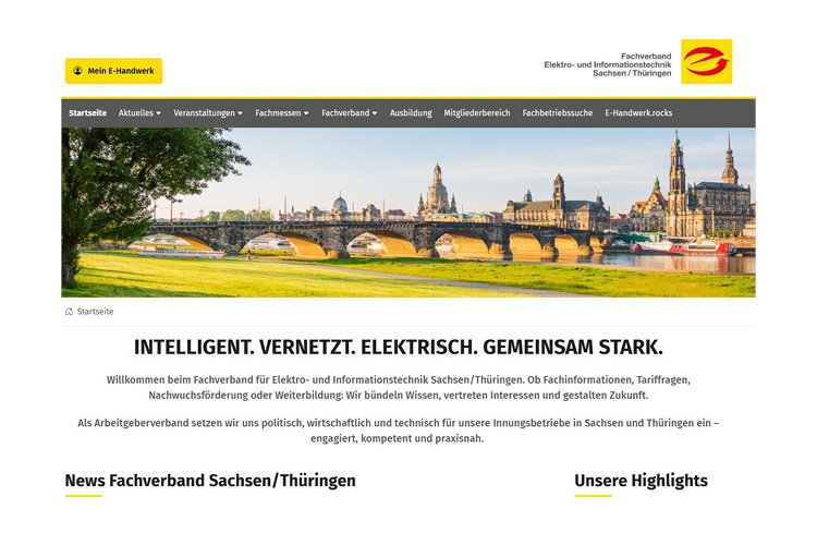 Website des Fachverbands Elektro- und Informationstechnik Sachsen/Thüringen mit Bild der Elbe und Dresdner Altstadt.