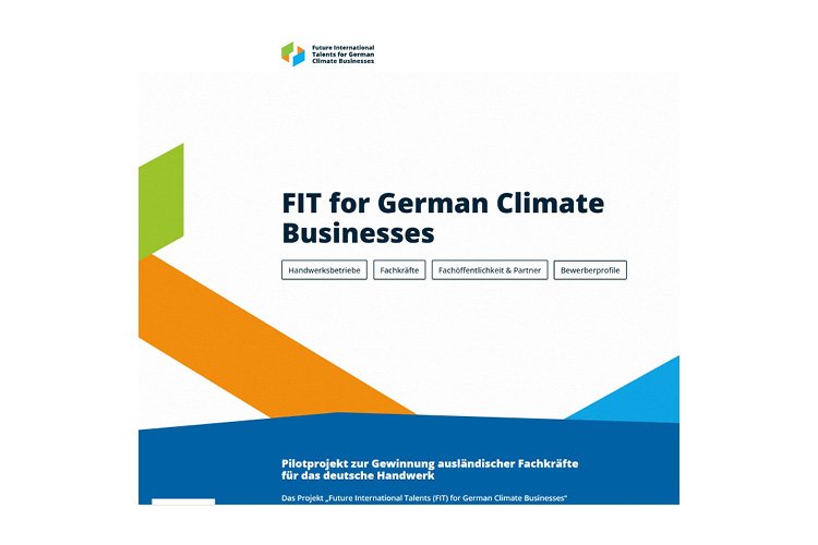 Projektseite zur Anwerbung internationaler Fachkräfte für deutsches Handwerk, mit Schaltflächen für verschiedene Zielgruppen.